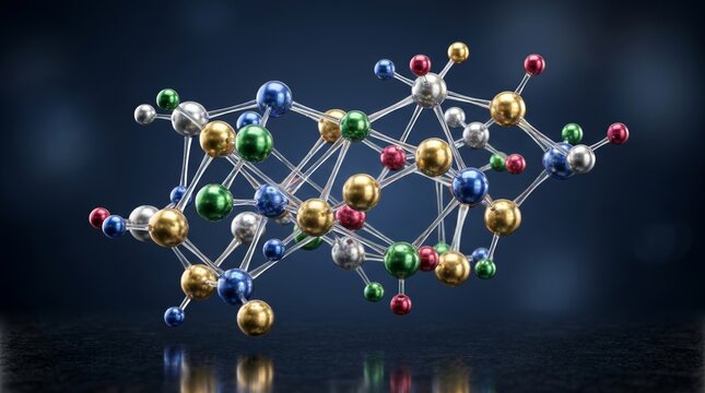 Shining metallic spheres forming an abstract 3D molecular structure on a blue background.