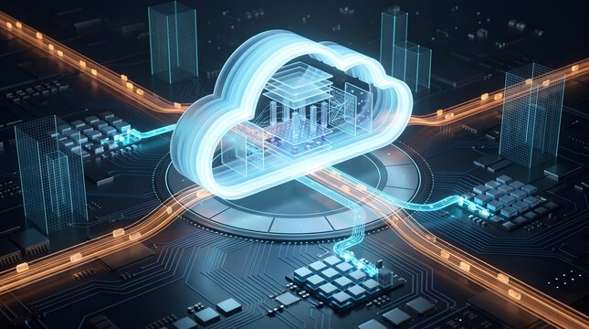 Cloud data migration and storage concept featuring 3D digital cloud hovering over glowing technological circuitry