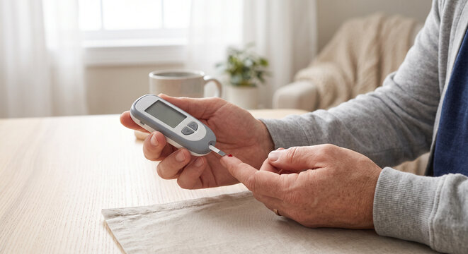 Close-up of an unrecognizable person checking blood sugar levels with a digital glucometer and test strip at home. Concept of diabetes management, glucose monitoring, and daily healthcare routine.