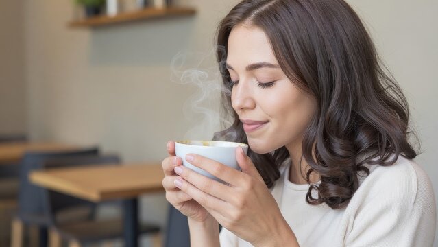 Young Woman Enjoying Hot Beverage with Steam in Cozy Cafe Setting