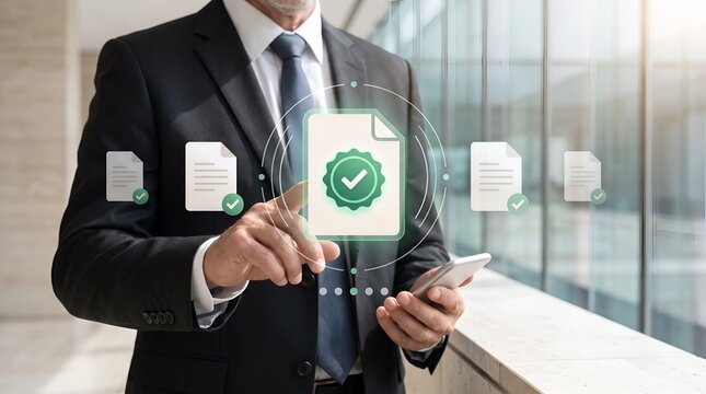 Automated digital quality certification process featuring business executive approving electronic standard compliance documents