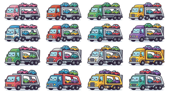 Cute Car Carrier Trucks with Colorful Cars, Isolated, Transparent Background