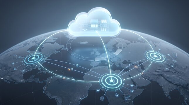 Global cloud computing network infrastructure on world map representing international data storage and connectivity