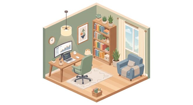 Isometric Cozy Home Office Room Illustration with Desk Bookshelf Armchair and Plants on White Background
