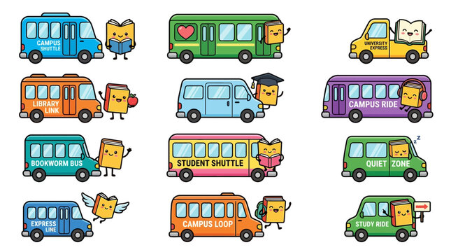 Cute Kawaii Book Characters Driving School Buses and Vans, Vector Art
