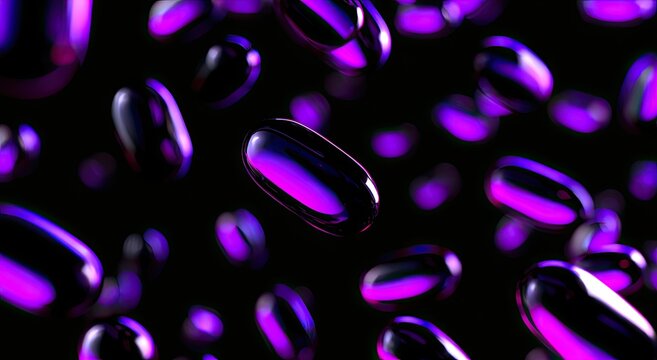 Many glossy, dark, oblong shapes with iridescent purple reflections