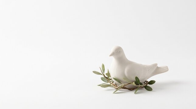 A peaceful white ceramic dove figurine resting with an olive branch wreath on a clean white background representing hope and harmony