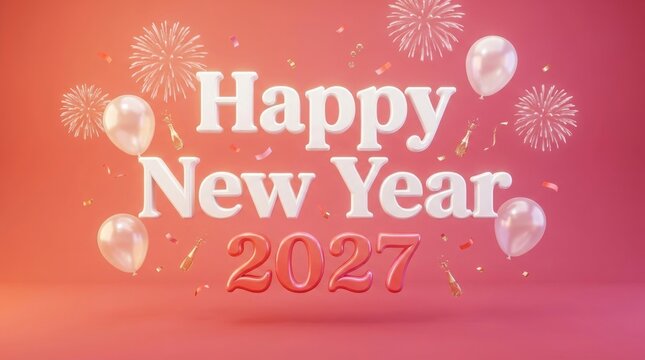 Happy New Year 2027 celebration graphic design with balloons and fireworks