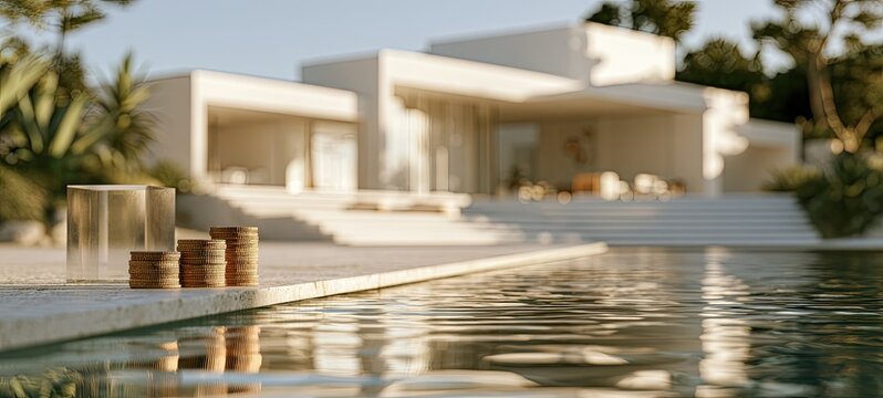Stacks of coins beside a pool with a modern house in background