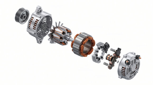 3D exploded diagram of an automotive alternator and its internal components on white.