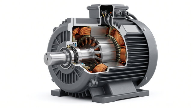 Detailed 3D cutaway of an industrial electric motor revealing internal components like copper windings and rotor.