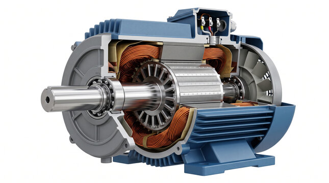 Detailed 3D cutaway of an electric motor revealing internal stator, rotor, and copper windings for industrial use.