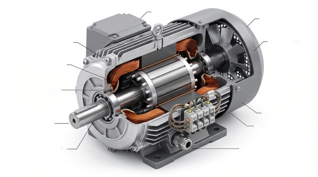 A detailed 3D cutaway showing the internal components of an industrial electric motor including stator, rotor, and copper windings.