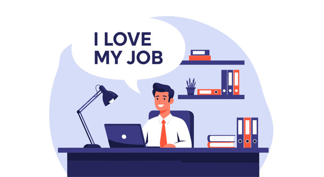 Happy office worker sitting at his desk with a laptop and files expressing job satisfaction through a speech bubble saying i love my job.