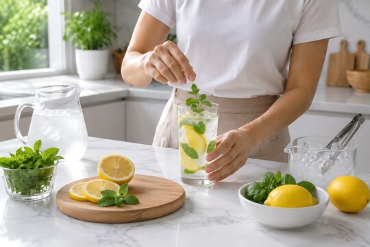 Woman preparing fresh lemon mint water in kitchen