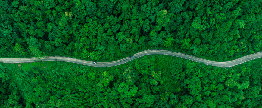 Aerial forest road with car creating abstract background for electric vehicle, ESG, sustainability and green investment business concepts.