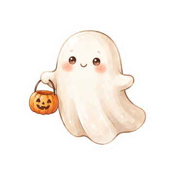 Cute Halloween ghost carrying a jack o lantern