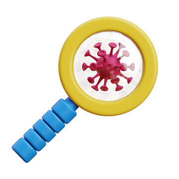 magnifying glass revealing a virus particle in bright colors, informative scientific icon set against yellow, blue, and pink