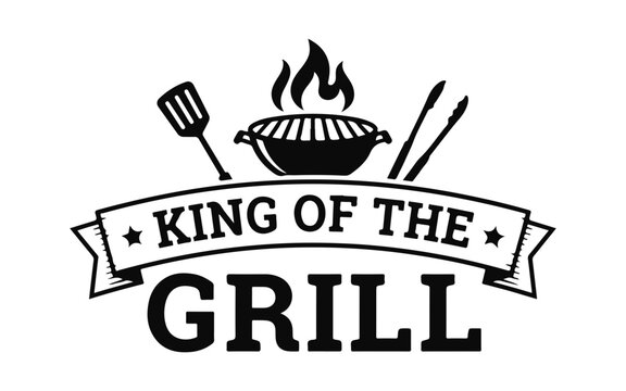 A retro black and white illustration proudly declares a grilling master as king of the grill with barbecue tools and rising flames
