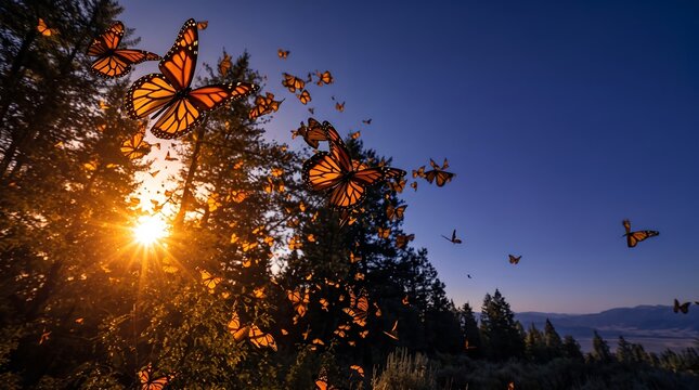 Swarm of monarch butterflies flying through a forest at sunset