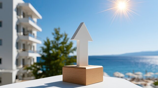 White upward arrow on a wooden block with a sunny coastal resort backdrop
