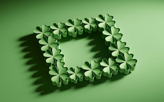 Square frame made of fresh green four leaf clover shamrocks on pastel green background with shamrock