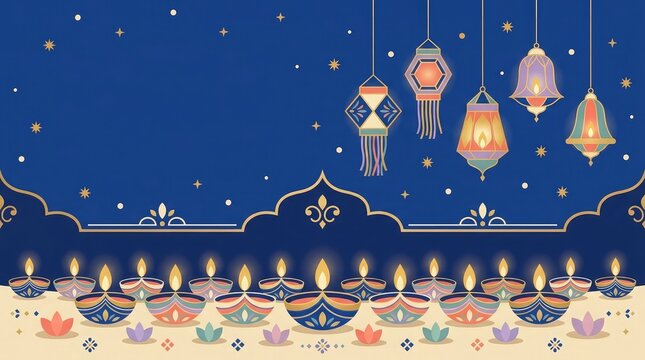 A festive digital illustration featuring glowing lamps and hanging ornaments against a dark blue background perfect for a creative halloween celebration