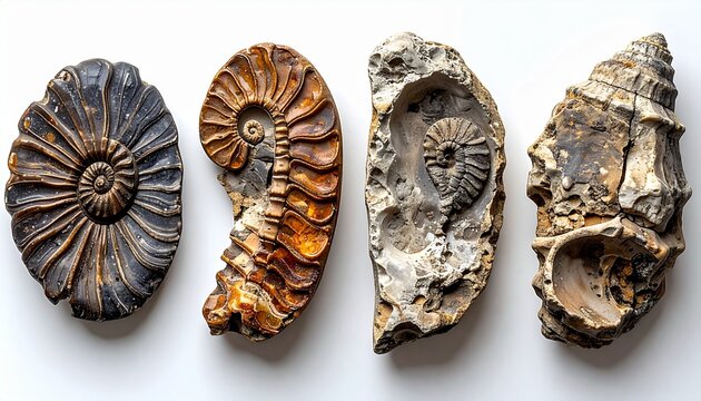 Fossilized ammonites in a row with diverse colors and textures, ancient marine fossils collection