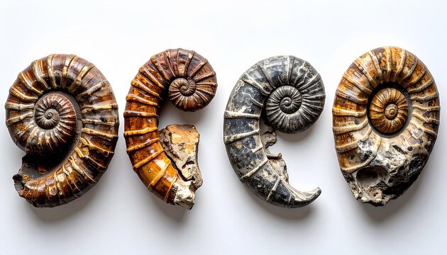 Collection of various fossilized ammonites arranged in a row on white background