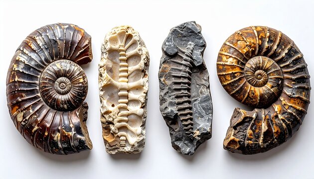Collection of various fossilized ammonite shells on white background, prehistoric marine creatures with distinct patterns