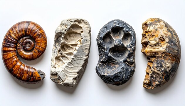 Line of different ammonite fossils displayed on white background