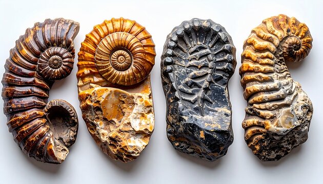 Assortment of ammonite fossils arranged in a line on white background