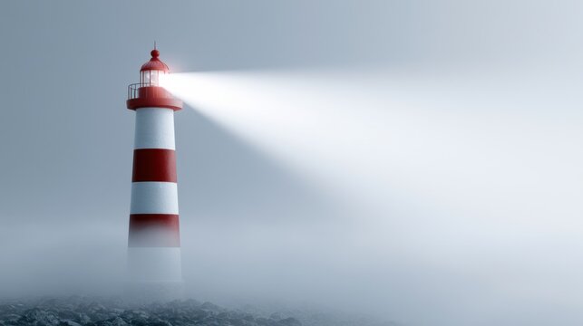 A solitary lighthouse stands tall on a rocky shore, emitting a powerful beam of light through the dense fog. The red and white stripes of the tower contrast with the muted, misty surroundings.