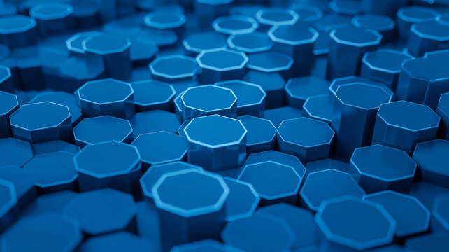 Blue abstract background with rising hexagonal pillars in isometric perspective.