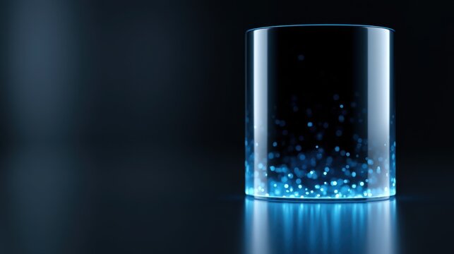 A futuristic glowing cylindrical container filled with tiny blue particles, emitting a soft light against a dark, reflective surface. The particles seem to float and swirl within the container.