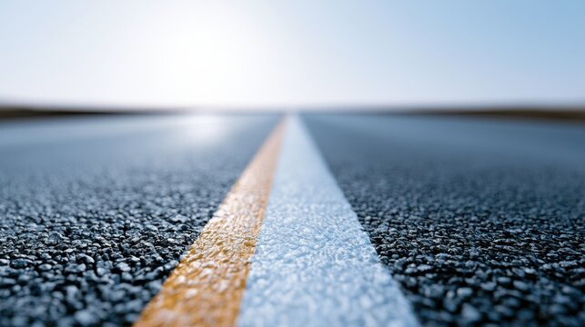 A straight road with a yellow and white line marking, stretching into the horizon under a clear sky. The asphalt texture is detailed, conveying a sense of journey and direction