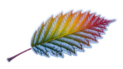 Fototapeta premium Colorful Autumn Leaf Coated in Delicate Frost Crystals Isolated on White Background