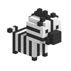 minimalist 3d pixel art panda seated on geometric cube in monochrome isometric scene with stylized block world, eye-level 3d © Zackrose