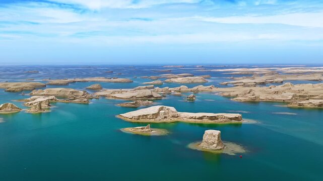 Aerial drone shot of water yardang landforms surrounded by turquoise water in the Qaidam Basin, Qinghai, China