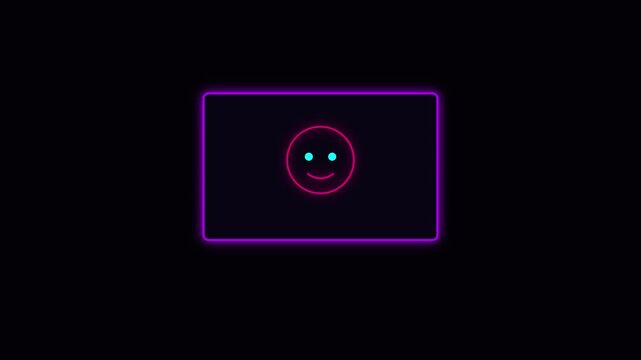 Neon glowing smiley face with pulsing border animation on dark 4k background