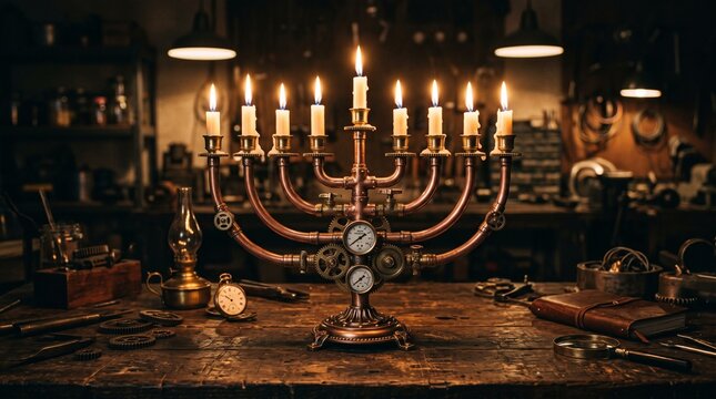 Industrial steampunk style menorah with lit candles on a wooden workbench in a vintage workshop