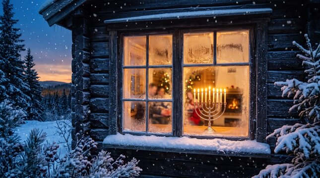 Lit Hanukkah menorah in the frosted window of a warm log cabin on a snowy winter evening