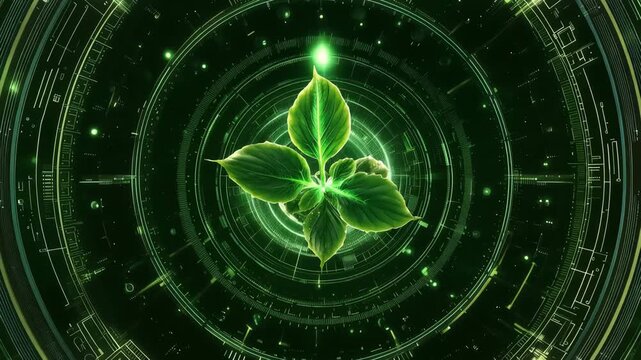 Green leaves surrounded by futuristic digital rings for sustainable technology concept