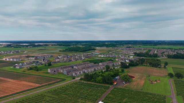 Aerial view of Rows of apple trees growing in a well-maintained orchard under a blue sky close to small village. Scenic agricultural landscape showcasing a productive apple farm.
