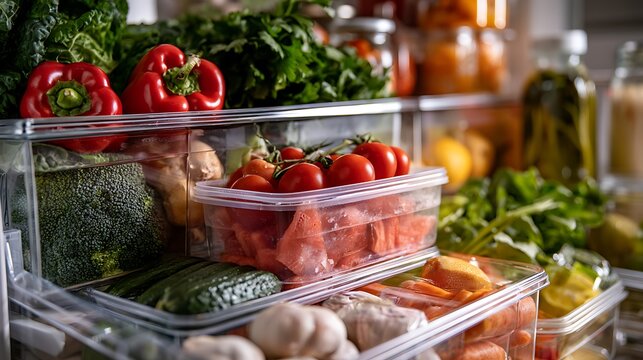 Fresh Vegetables and Fruits Organized in Refrigerator Drawers.