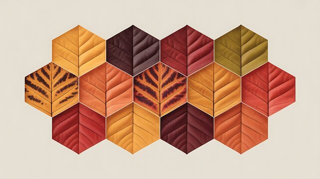 Glossy Autumn Leaves Arranged in a Geometric Hexagonal Pattern Featuring Vibrant Seasonal Colors and Textural Detail