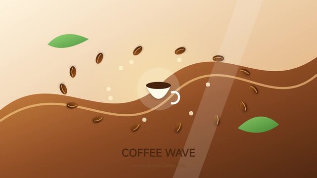 Minimalist illustration of a white coffee cup on a stylized brown wave with floating roasted beans and green leaves