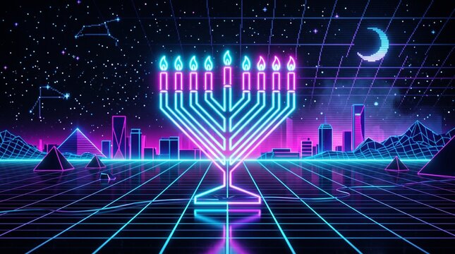 Retro synthwave neon menorah glowing on a futuristic digital grid background for Hanukkah concept
