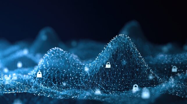 Glowing blue abstract terrain with many glowing white padlock icons