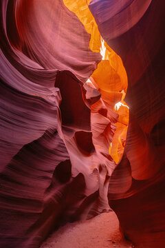 Sunlight Beam and shape of red rocks in Lower Antelope Canyon, Utah, USA.